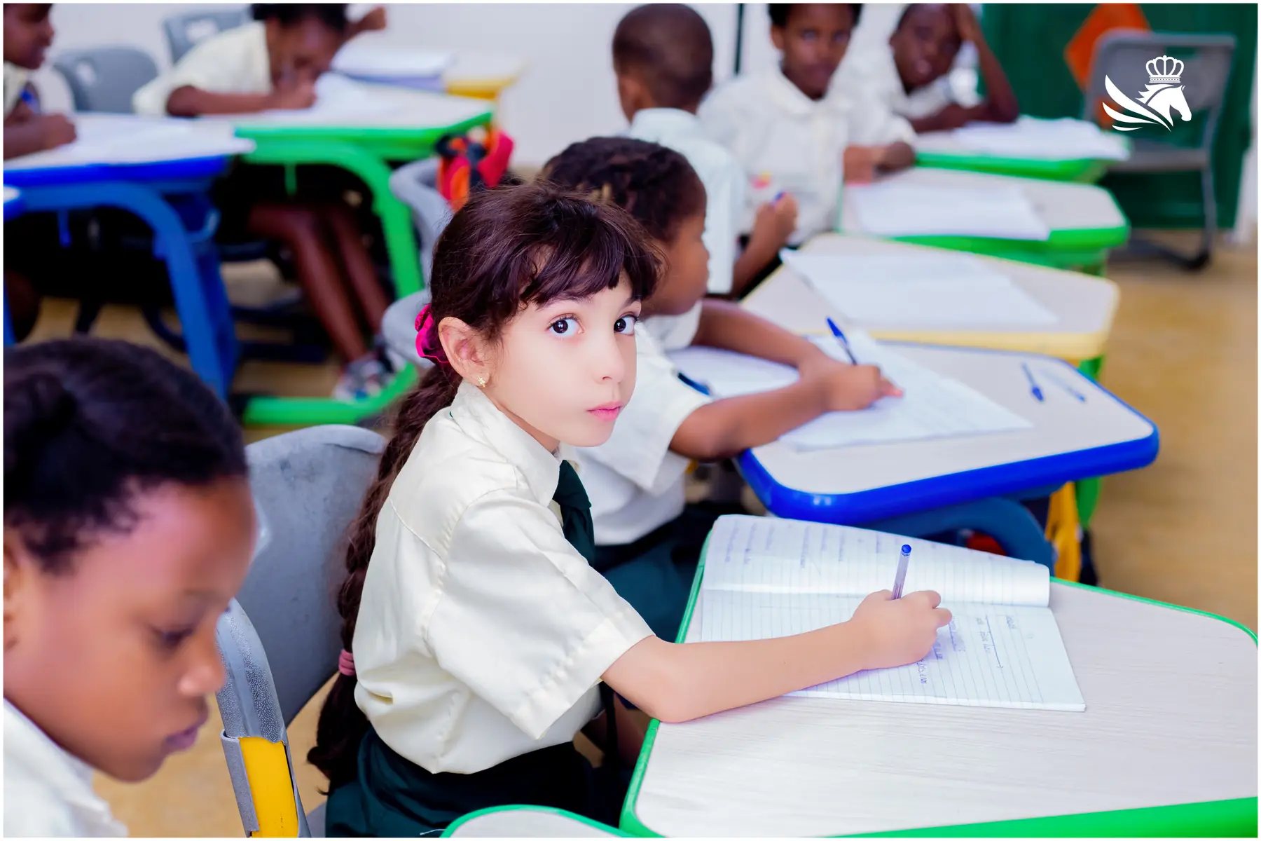 Primary student writing in class